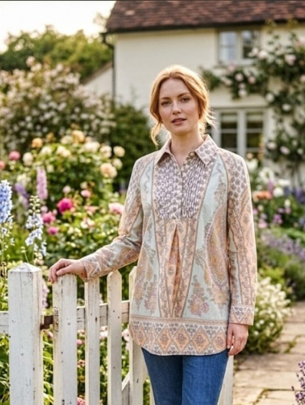SOFT SURROUNDINGS Mixed Print Blouse Tunic Cotton